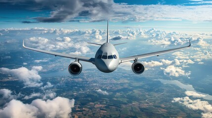 A commercial airplane flying above a vast expanse of clouds and a distant landscape.