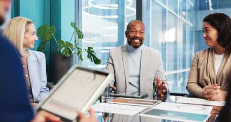Business, smile or people in meeting with discussion, analysis or review of financial performance. Tech, graphs or analyst in boardroom with paper, market comparison or feedback on revenue growth
