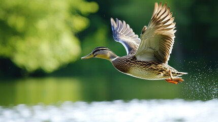 A mallard duck in flight with its wings spread wide, captured mid-flight over a serene lake with lush green trees in the background.