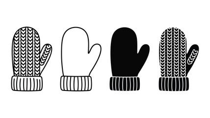 Set of four knitted woolen mittens icons including solid silhouette outline and detailed knit patterns winter gear