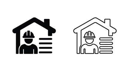 Construction worker wearing safety helmet inside house icon illustrating real estate maintenance and repair service
