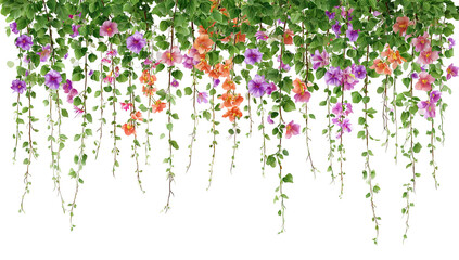 A vibrant flower arrangement hanging from the ceiling in a restaurant, with a mix of colorful flowers and greenery, creating a lively and inviting atmosphere.