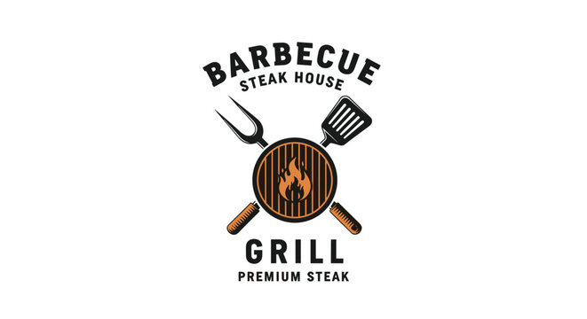 Vintage barbecue steak house logo with a flaming grill and crossed cooking utensils perfect for a restaurant or food brand.