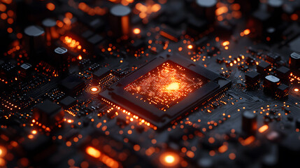 Illuminated Circuit Board: A mesmerizing, close-up view of an intricate circuit board glows with a network of tiny, bright orange lights, highlighting the complexity and beauty of modern technology
