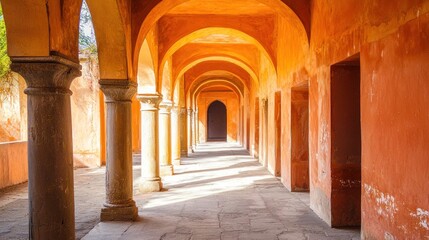 A grand, orange-tiled hallway with stone columns and a large, arched doorway.