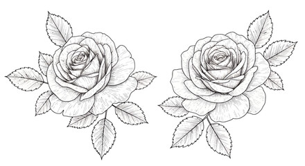 Elegant black and white line art illustrations of two blooming roses with intricate details and leaves.