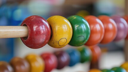A colorful wooden abacus with red, yellow, green, orange, and blue beads.
