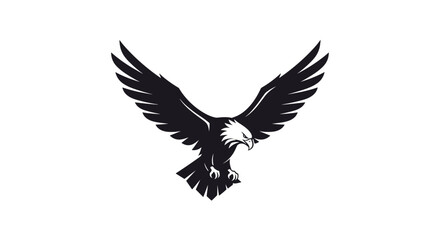 Obraz premium A powerful and bold monochrome silhouette of a flying eagle with its wings spread, ideal for a mascot or corporate logo.