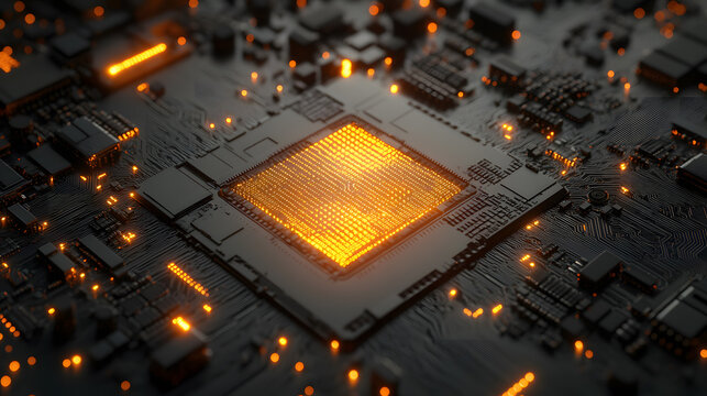 Glowing CPU on motherboard, technology background,Cutting Edge Microchip Circuit Board with Orange Illuminated Nodes and Configurations
