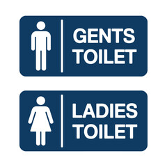 Gents and ladies toilet signs with male and female symbols and text on a rounded blue rectangular background
