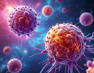 Close-up of several microscopic, spherical cells with spiky protrusions