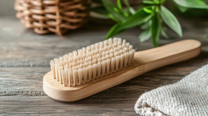 A wooden hairbrush with a natural bristle head on a wooden surface with a woven basket and green leaves in the background.