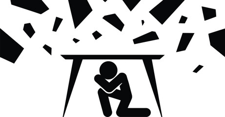 A silhouette of a person takes cover under a table while geometric debris falls from above