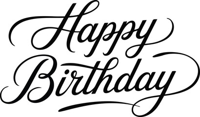 Bold black script lettering expressing Happy Birthday with flourishes on a white background