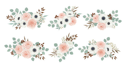Six elegant floral bouquets with pink roses, white anemones, and eucalyptus leaves, perfect for wedding invitations or decorative elements.