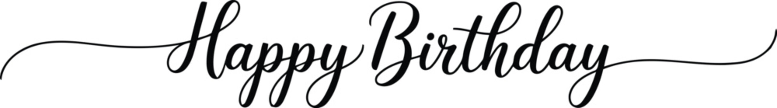 Elegant black script lettering spells out Happy Birthday on a clean white background