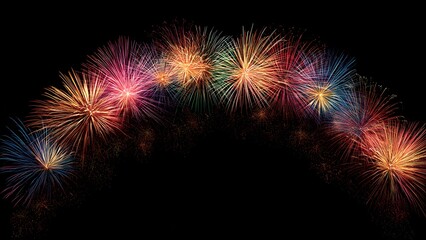 Multicolored fireworks form vibrant arch over black space for celebration, holiday, or event design with copy area

