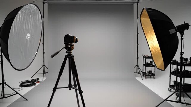 Professional photography studio setup with camera, tripod, and studio lights