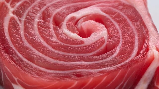 Fresh raw tuna steak sliced into a spiral pattern on a clean white surface for grilling