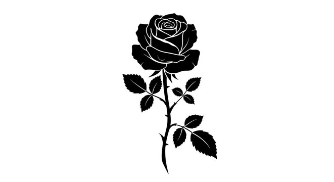 Elegant black silhouette of a single rose with a long thorny stem and detailed leaves.