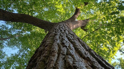 A towering tree with green leaves against a clear blue sky.