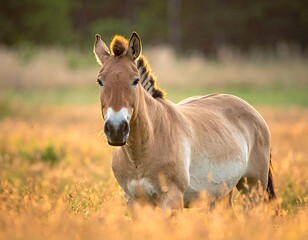 Fototapeta premium Equine mammal stands calmly in a sunlit field, gazing at the viewer