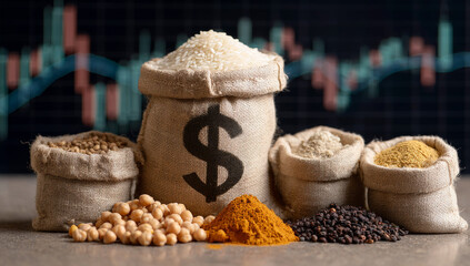 Bag of rice and chickpeas with a dollar sign symbol, surrounded by various spices and grains, on a dark background with financial and market charts