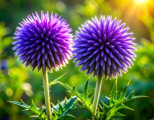 Close-up of two vibrant purple globe thistle flowers bathed in warm sunlight