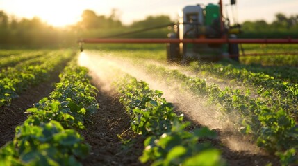 A tractor spraying crops in a field at sunset.