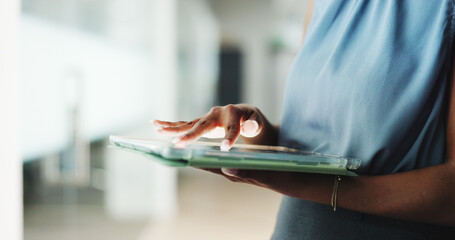 Hands, scroll and research with tablet, office and browsing for brand awareness on social media...