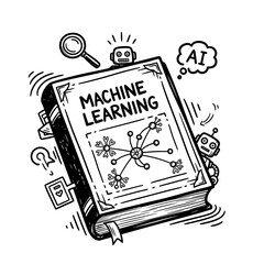 Hand-drawn book on machine learning with AI elements and robots  