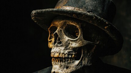 A human skull with a top hat on, set against a dark background.