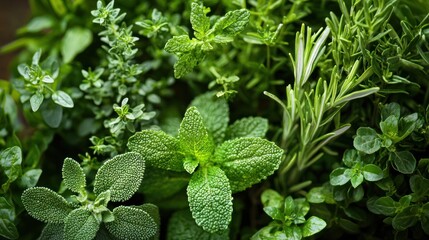 A variety of fresh herbs and vegetables in a garden setting.