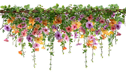 A vibrant flower arrangement hanging from the ceiling in a restaurant, with a mix of colorful flowers and greenery, creating a lively and inviting atmosphere.