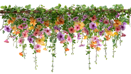 A vibrant flower arrangement hanging from the ceiling in a restaurant, with a mix of colorful flowers and greenery, creating a lively and inviting atmosphere.