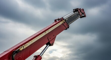 A red and white hydraulic lift arm against a cloudy sky.