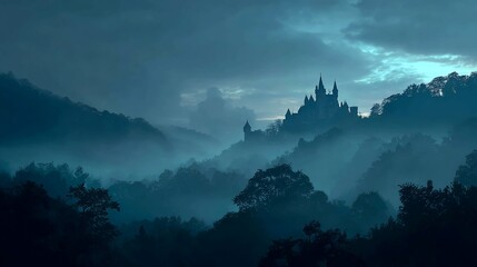 Mysterious castle on a hill shrouded in fog and mist under a dark stormy sky