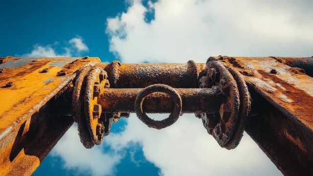 Rusty metal pipe joint under cloudy sky  