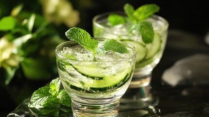 Two glasses of cucumber mint water on a dark surface with green leaves and flowers in the background.