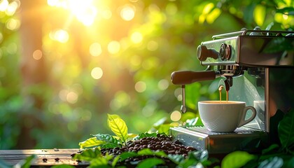 Espresso machine brewing coffee outdoors, amidst lush greenery and sunlight