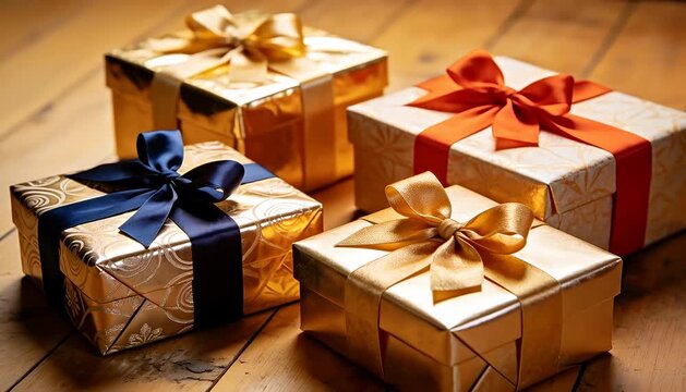 A collection of four festive gold gift boxes wrapped with colorful ribbons, perfect for celebrations.