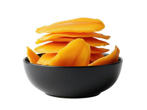 Sliced dried mango in black bowl isolated for healthy snack and sweet food concept in png transparent background