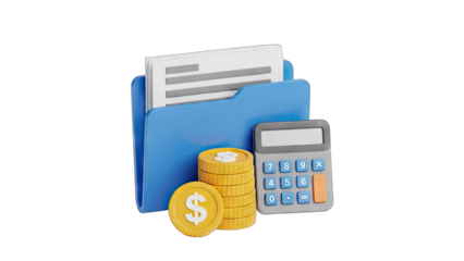 Blue Folder Containing Documents Stack of Gold Coins and Calculator on Transparent Background Representing Financial Concepts
