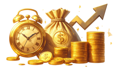 Gold clock, coins, bag, and growth arrow