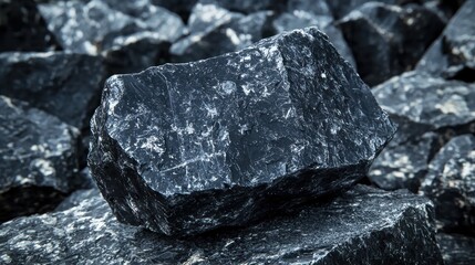 A large, dark-colored rock or mineral on a pile of similar rocks.