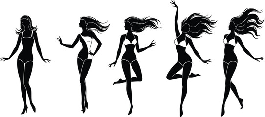 Black swimsuit woman silhouette vector set featuring dynamic poses, flowing hair, fashion style, beach movement, summer vibe, artistic elegance