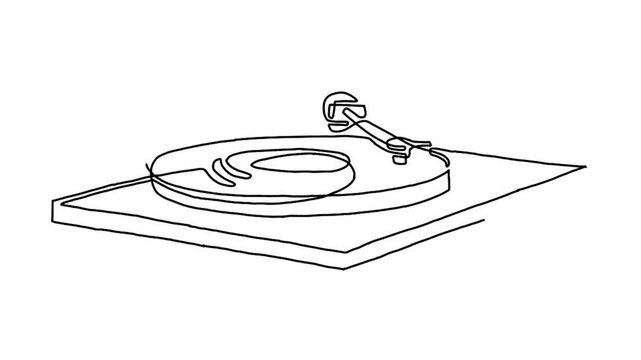 continuous line animation of retro old classic portable music turntable vinyl disc