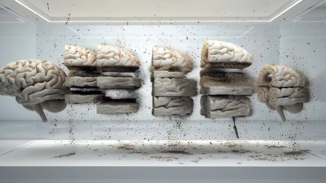 Transparent human body motion with brain layers concept. A detailed representation of a brain in motion, showcasing layers and textures dynamically.