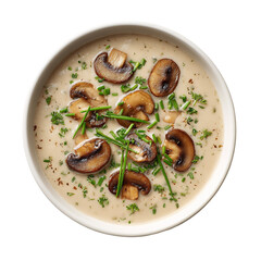 Creamy mushroom soup with bread, featuring a mushroom puree with slices of mushrooms on top. Served in bowl on a wooden background.