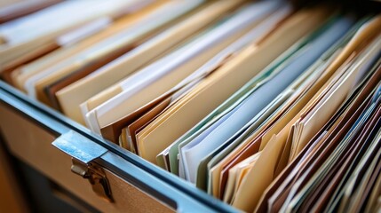 A drawer filled with various documents and files.